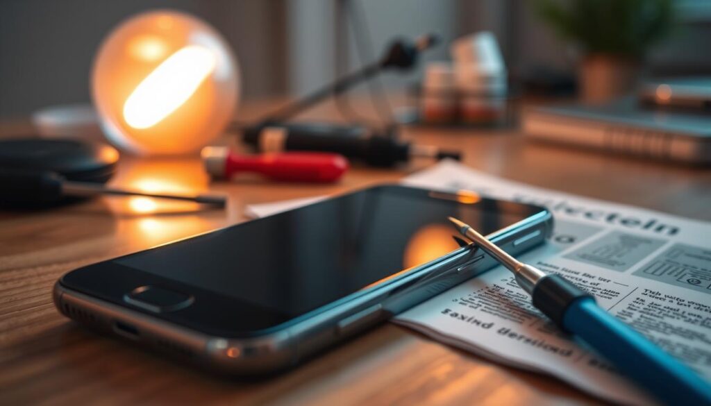 A close-up view of a smartphone displaying a malfunctioning touch screen, depicting various troubleshooting tools like a screwdriver, cleaning cloth, and detailed instruction manual placed around it. The screen has visible issues like unresponsive areas, and the tools suggest hands-on solutions. In the background, there’s a softly blurred workspace with subtle dim lighting, creating a calm and professional atmosphere. The image should emphasize a sense of technology and repair, with warm hues contrasting with cooler tech tones. A narrow depth of field should draw the viewer's attention to the phone and tools in the foreground, hinting at the advanced troubleshooting steps being taken. A close-up view of a smartphone displaying a malfunctioning touch screen, depicting various troubleshooting tools like a screwdriver, cleaning cloth, and detailed instruction manual placed around it. The screen has visible issues like unresponsive areas, and the tools suggest hands-on solutions. In the background, there’s a softly blurred workspace with subtle dim lighting, creating a calm and professional atmosphere. The image should emphasize a sense of technology and repair, with warm hues contrasting with cooler tech tones. A narrow depth of field should draw the viewer's attention to the phone and tools in the foreground, hinting at the advanced troubleshooting steps being taken.