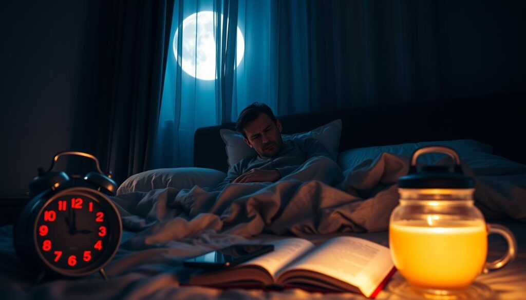A dimly lit bedroom at night, focusing on a person sitting up in bed, looking distressed and restless. The individual, dressed in modest pajamas, has a furrowed brow and wide eyes, surrounded by scattered pillows and a rumpled blanket, symbolizing insomnia. In the foreground, an alarm clock blares softly, its red digits glowing ominously. In the middle, a dim bedside lamp casts warm light, illuminating various sleep disruptors like a smartphone, an open book, and a cup of herbal tea. The background features shadowy curtains partially drawn, allowing glimpses of moonlight, creating a contrast between the serenity outside and the chaos within. The mood is tense, reflecting the struggle against sleep disturbances. Soft focus on the background enhances the feeling of isolation and restlessness. A dimly lit bedroom at night, focusing on a person sitting up in bed, looking distressed and restless. The individual, dressed in modest pajamas, has a furrowed brow and wide eyes, surrounded by scattered pillows and a rumpled blanket, symbolizing insomnia. In the foreground, an alarm clock blares softly, its red digits glowing ominously. In the middle, a dim bedside lamp casts warm light, illuminating various sleep disruptors like a smartphone, an open book, and a cup of herbal tea. The background features shadowy curtains partially drawn, allowing glimpses of moonlight, creating a contrast between the serenity outside and the chaos within. The mood is tense, reflecting the struggle against sleep disturbances. Soft focus on the background enhances the feeling of isolation and restlessness.