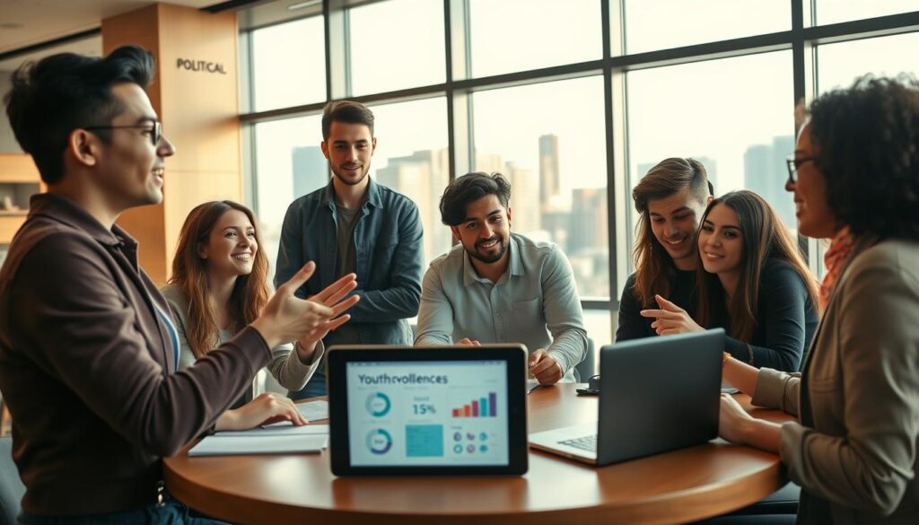 A diverse group of young adults, wearing smart casual clothing, engaged in a heated discussion around a round table in a modern, well-lit café. In the foreground, a young woman passionately gestures as she presents her ideas, while two young men listen intently, taking notes. In the middle ground, other young people collaborate on a laptop, displaying various political charts and data related to youth involvement. The background features a large window revealing a cityscape, symbolizing opportunity and challenges. Soft, natural light filters through, creating a vibrant atmosphere of urgency and determination, emphasizing the theme of youthful political challenges and engagement. The scene captures a sense of hope and progress, embodying the spirit of a new generation in politics. A diverse group of young adults, wearing smart casual clothing, engaged in a heated discussion around a round table in a modern, well-lit café. In the foreground, a young woman passionately gestures as she presents her ideas, while two young men listen intently, taking notes. In the middle ground, other young people collaborate on a laptop, displaying various political charts and data related to youth involvement. The background features a large window revealing a cityscape, symbolizing opportunity and challenges. Soft, natural light filters through, creating a vibrant atmosphere of urgency and determination, emphasizing the theme of youthful political challenges and engagement. The scene captures a sense of hope and progress, embodying the spirit of a new generation in politics.