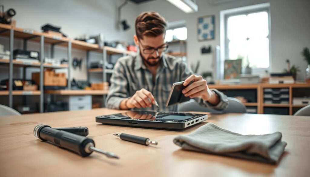 A modern workspace preparing for the repair of a touchscreen device. In the foreground, a neatly organized table displays essential tools like a small screwdriver set, prying tools, and a soft cloth for cleaning. In the middle ground, a technician in casual, modest attire meticulously examines a disassembled touchscreen device, ensuring careful handling. The background features a well-lit workshop with shelves filled with electronic components, and a window allowing natural light to illuminate the scene. Soft shadows add depth and make the workspace feel inviting and focused. The atmosphere is one of concentration and readiness, highlighting the preparation necessary before proceeding with the repair. A modern workspace preparing for the repair of a touchscreen device. In the foreground, a neatly organized table displays essential tools like a small screwdriver set, prying tools, and a soft cloth for cleaning. In the middle ground, a technician in casual, modest attire meticulously examines a disassembled touchscreen device, ensuring careful handling. The background features a well-lit workshop with shelves filled with electronic components, and a window allowing natural light to illuminate the scene. Soft shadows add depth and make the workspace feel inviting and focused. The atmosphere is one of concentration and readiness, highlighting the preparation necessary before proceeding with the repair.