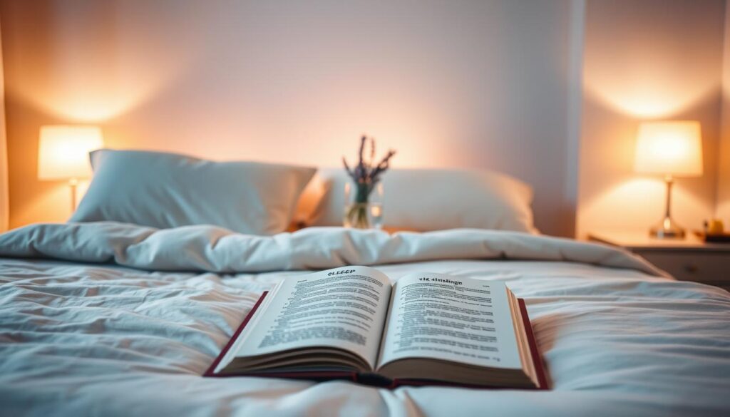 A serene bedroom setting illustrating tips for overcoming insomnia. In the foreground, a cozy bed with soft, inviting pillows and a comforting blanket, suggesting a perfect sleep environment. The middle of the scene features a bedside table with a calming lavender plant, a glass of water, and an open book about sleep techniques, symbolizing knowledge and tranquility. In the background, gently dimmed lights create a soothing atmosphere, while soft, pastel-colored walls enhance the sense of calmness. The angle captures the room from a warm and inviting perspective, conveying a peaceful mood, with soft shadows and a gentle glow throughout the space, encouraging a restful night's sleep. A serene bedroom setting illustrating tips for overcoming insomnia. In the foreground, a cozy bed with soft, inviting pillows and a comforting blanket, suggesting a perfect sleep environment. The middle of the scene features a bedside table with a calming lavender plant, a glass of water, and an open book about sleep techniques, symbolizing knowledge and tranquility. In the background, gently dimmed lights create a soothing atmosphere, while soft, pastel-colored walls enhance the sense of calmness. The angle captures the room from a warm and inviting perspective, conveying a peaceful mood, with soft shadows and a gentle glow throughout the space, encouraging a restful night's sleep.
