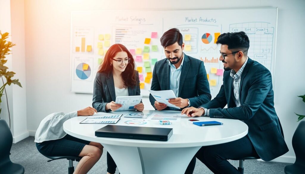 A strategic selection of profitable products depicted in a modern office setting. In the foreground, a diverse group of three young professionals—one woman and two men—are engaged in a product brainstorming session around a sleek, round table. They are dressed in professional business attire, analyzing charts and graphs on a digital tablet. The middle ground showcases a large whiteboard filled with colorful market analysis notes and post-it reminders. The background features a large window with natural light streaming in, illuminating the workspace and adding to the vibrant atmosphere. Soft focus on the background creates a sense of depth. The overall mood is collaborative and innovative, conveying a sense of purpose and excitement about product selection strategies in business. A strategic selection of profitable products depicted in a modern office setting. In the foreground, a diverse group of three young professionals—one woman and two men—are engaged in a product brainstorming session around a sleek, round table. They are dressed in professional business attire, analyzing charts and graphs on a digital tablet. The middle ground showcases a large whiteboard filled with colorful market analysis notes and post-it reminders. The background features a large window with natural light streaming in, illuminating the workspace and adding to the vibrant atmosphere. Soft focus on the background creates a sense of depth. The overall mood is collaborative and innovative, conveying a sense of purpose and excitement about product selection strategies in business.