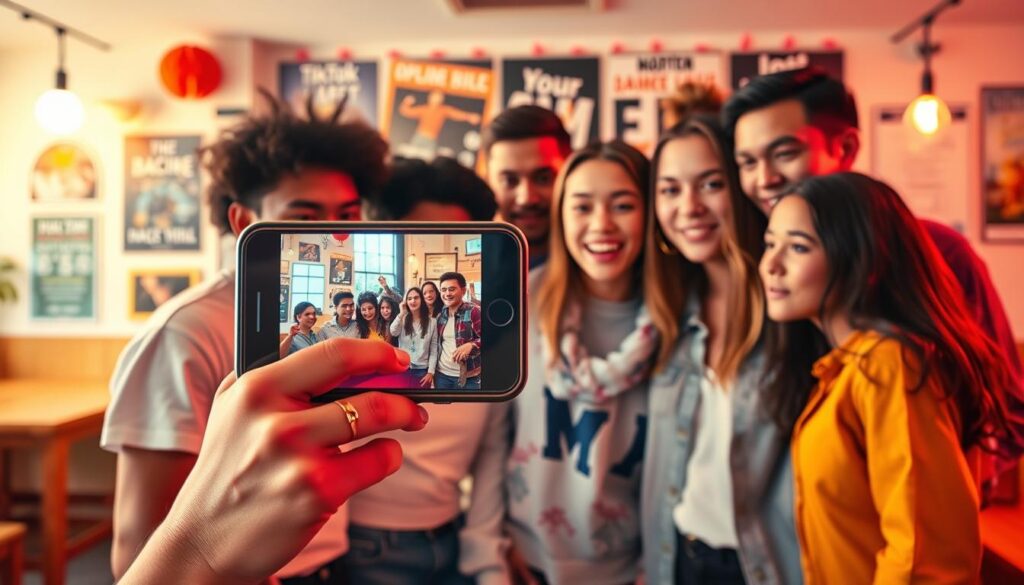 A vibrant and engaging scene depicting the phenomenon of digital social media buzz, focusing on a diverse group of young people gathered around a smartphone, their expressions reflecting excitement and curiosity. In the foreground, the smartphone displays a TikTok video with engaging visuals, showcasing an engaging dance challenge. The middle ground features friends sharing their reactions, dressed in casual, modern clothing, embodying the energetic culture of social media. The background is a lively café with colorful decorations and subtle posters related to digital trends. Soft, warm lighting creates an inviting atmosphere, emphasizing camaraderie and the shared experience of going viral on social media platforms. The overall mood is uplifting and dynamic, capturing the essence of the TikTok trend. A vibrant and engaging scene depicting the phenomenon of digital social media buzz, focusing on a diverse group of young people gathered around a smartphone, their expressions reflecting excitement and curiosity. In the foreground, the smartphone displays a TikTok video with engaging visuals, showcasing an engaging dance challenge. The middle ground features friends sharing their reactions, dressed in casual, modern clothing, embodying the energetic culture of social media. The background is a lively café with colorful decorations and subtle posters related to digital trends. Soft, warm lighting creates an inviting atmosphere, emphasizing camaraderie and the shared experience of going viral on social media platforms. The overall mood is uplifting and dynamic, capturing the essence of the TikTok trend.