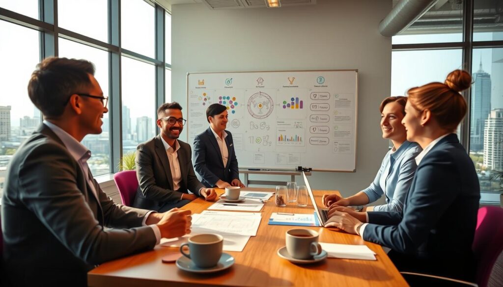 A vibrant, modern office environment showcasing effective communication strategies. In the foreground, a diverse group of three professionals in business attire is engaged in a lively discussion around a table filled with charts, laptops, and coffee cups. The middle ground features a large whiteboard with colorful diagrams illustrating communication flow and networking ideas. In the background, large windows reveal a cityscape, letting in bright natural light, adding an open and collaborative atmosphere. The scene is well-composed, ensuring focus on the interaction, with warm yet professional lighting creating a sense of positivity and teamwork. The image conveys trust and connection, essential for building relationships with customers and suppliers. A vibrant, modern office environment showcasing effective communication strategies. In the foreground, a diverse group of three professionals in business attire is engaged in a lively discussion around a table filled with charts, laptops, and coffee cups. The middle ground features a large whiteboard with colorful diagrams illustrating communication flow and networking ideas. In the background, large windows reveal a cityscape, letting in bright natural light, adding an open and collaborative atmosphere. The scene is well-composed, ensuring focus on the interaction, with warm yet professional lighting creating a sense of positivity and teamwork. The image conveys trust and connection, essential for building relationships with customers and suppliers.
