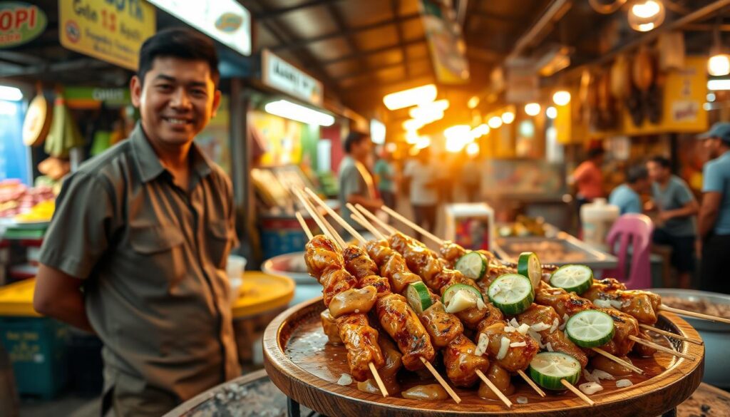A vibrant street food scene featuring traditional Madurese Sate Ayam, with succulent grilled chicken skewers glazed in a rich, aromatic peanut sauce and garnished with fresh cucumber slices, shallots, and lime on a wooden plate. In the foreground, a smiling vendor in simple casual clothing stands beside a charcoal grill, flipping skewers that sizzle enticingly. The middle ground showcases a bustling market filled with colorful street stalls adorned with fresh produce and spices. In the background, lively street activities with people enjoying their meals under warm golden lighting as the sun sets, casting a soft glow over the scene. The overall mood is inviting and lively, encapsulating the essence of Indonesian street food culture.