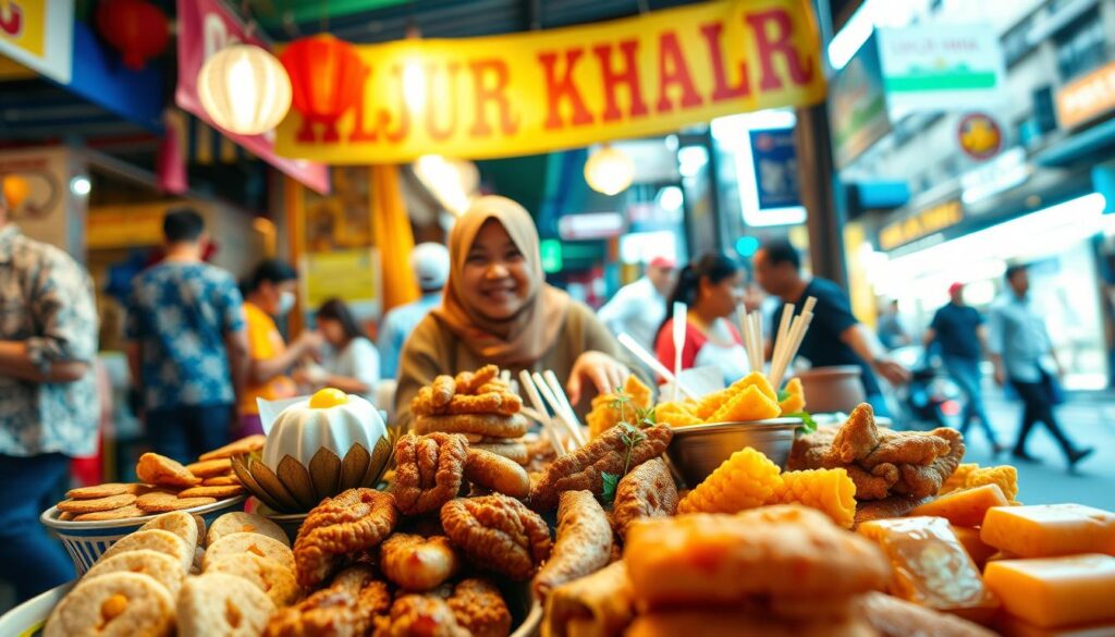 A vibrant street food scene showcasing a selection of "jajanan khas daerah" from Indonesia. In the foreground, a beautifully arranged assortment of popular street snacks like batagor, cilok, and kue cubir, all with rich textures and colors. The middle ground features a local vendor in modest clothing joyfully serving customers, with traditional decorations and utensils surrounding the stall. The background includes bustling street activity, with blurred figures enjoying their meals, colorful lights, and banners overhead adding to the lively atmosphere. Soft, warm lighting casts an inviting glow, enhancing the rich colors and details of the food. A low-angle shot captures the scene, emphasizing the delicious snacks and the vibrant cultural essence of Indonesian street food.