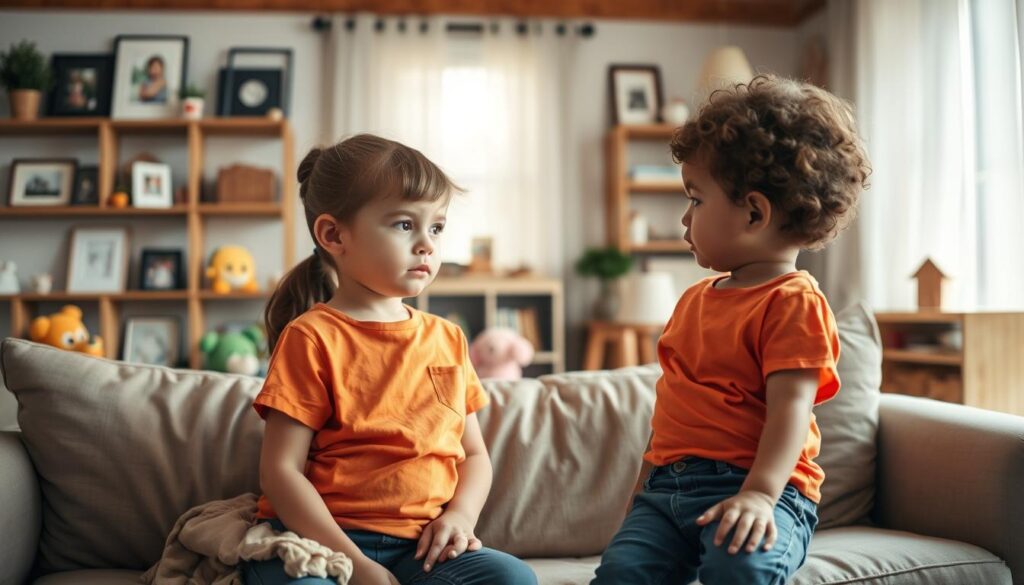 A warm and inviting scene featuring a parent and child engaged in a meaningful conversation. In the foreground, a mother in modest casual clothing, sitting on a comfortable sofa, gazing attentively at her child, who wears a bright t-shirt and jeans, showcasing a mix of curiosity and concern. In the middle ground, a cozy living room filled with family photographs, books, and toys, symbolizing a nurturing environment. In the background, soft, natural light streams in through a window, creating a serene atmosphere. The composition should convey an emotional connection, with both faces expressing a sense of understanding and empathy, reflecting the importance of open communication between parents and children. The camera angle should be slightly above eye level, capturing the intimacy of the moment. A warm and inviting scene featuring a parent and child engaged in a meaningful conversation. In the foreground, a mother in modest casual clothing, sitting on a comfortable sofa, gazing attentively at her child, who wears a bright t-shirt and jeans, showcasing a mix of curiosity and concern. In the middle ground, a cozy living room filled with family photographs, books, and toys, symbolizing a nurturing environment. In the background, soft, natural light streams in through a window, creating a serene atmosphere. The composition should convey an emotional connection, with both faces expressing a sense of understanding and empathy, reflecting the importance of open communication between parents and children. The camera angle should be slightly above eye level, capturing the intimacy of the moment.