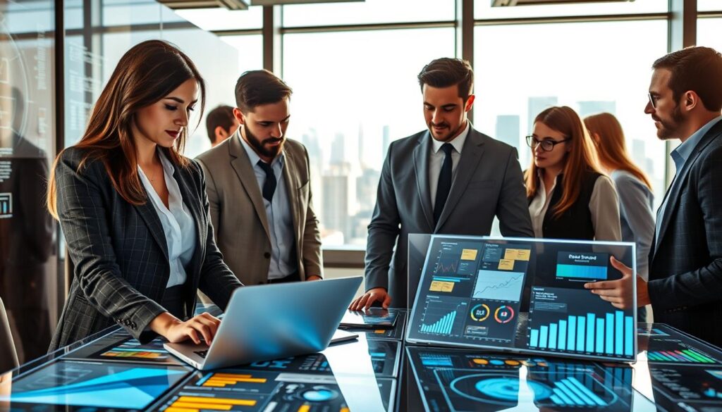 A dynamic and vibrant scene representing the rapid growth of technology startups, featuring a diverse group of professionals in business attire collaborating around a high-tech workspace filled with glowing screens and digital data visualizations. In the foreground, a confident woman and a man are discussing ideas over a laptop, while in the middle, a team of individuals looks engaged in a brainstorming session with sticky notes and charts. The background showcases a large window with a city skyline, symbolizing a thriving urban environment. Bright, natural lighting floods the space, creating an energetic and optimistic atmosphere. The camera angle captures the scene from a slightly elevated perspective, emphasizing collaboration and innovation.