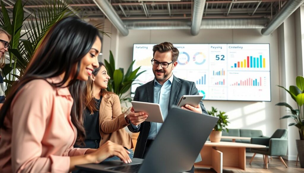A vibrant and modern workspace showcasing the dynamic world of technology startups, featuring diverse individuals in professional attire collaborating on e-commerce and fintech projects. In the foreground, a young woman types on a laptop, while a man discusses ideas with a digital tablet. In the middle, a large screen displays colorful graphs and data analytics related to e-commerce and financial technology. The background reveals a bright, open office with green plants and contemporary furniture, bathed in natural light. The atmosphere is energetic and innovative, emphasizing teamwork and creativity in the digital economy. The perspective is slightly elevated, capturing the depth of the workspace while ensuring clarity in the subjects’ expressions and the technology around them.